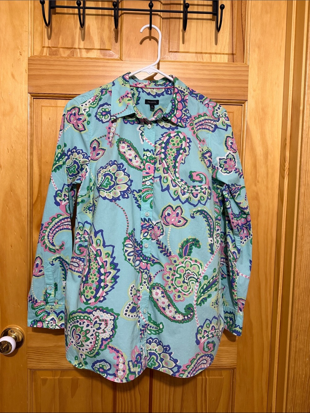 Talbots Aqua Paisley Button-Down Shirt with Pink & Green Accents, Size Medium.